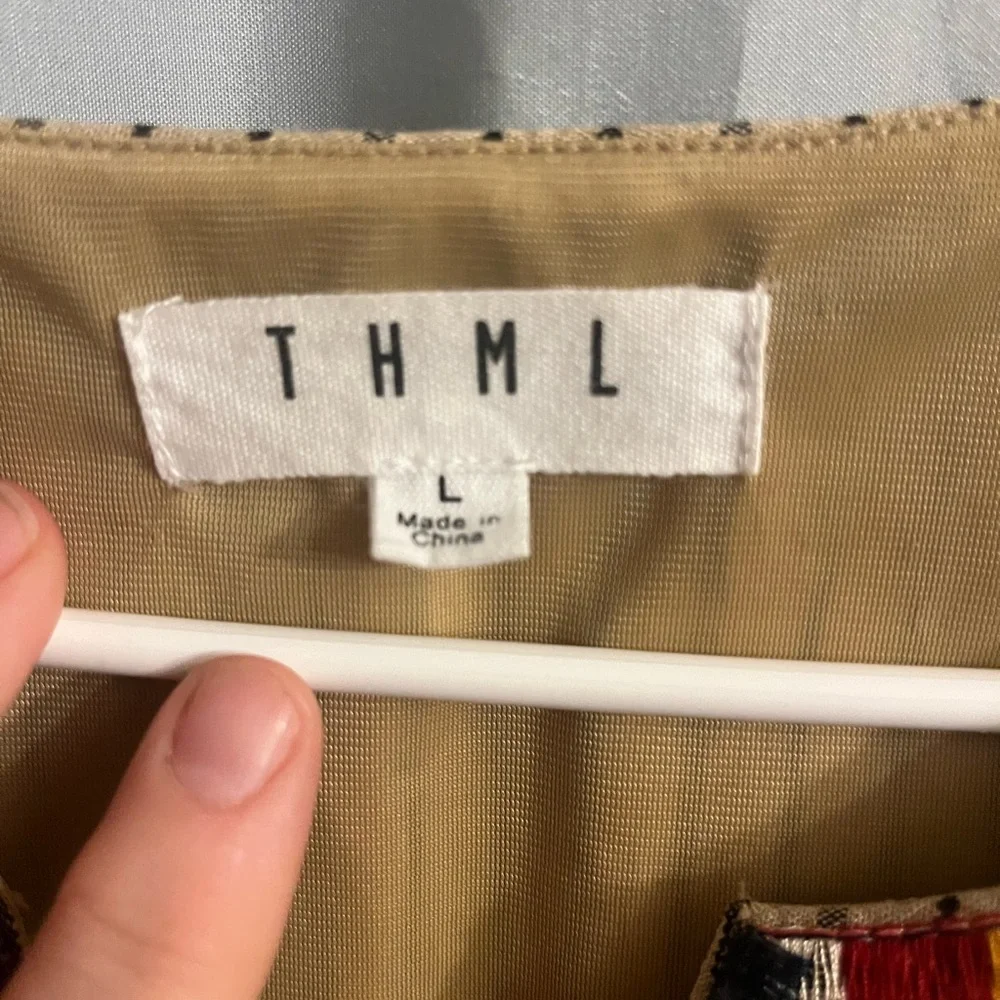 Embroidered striped shift dress tunic length tan casual THML size Large casual - Picture 9 of 10